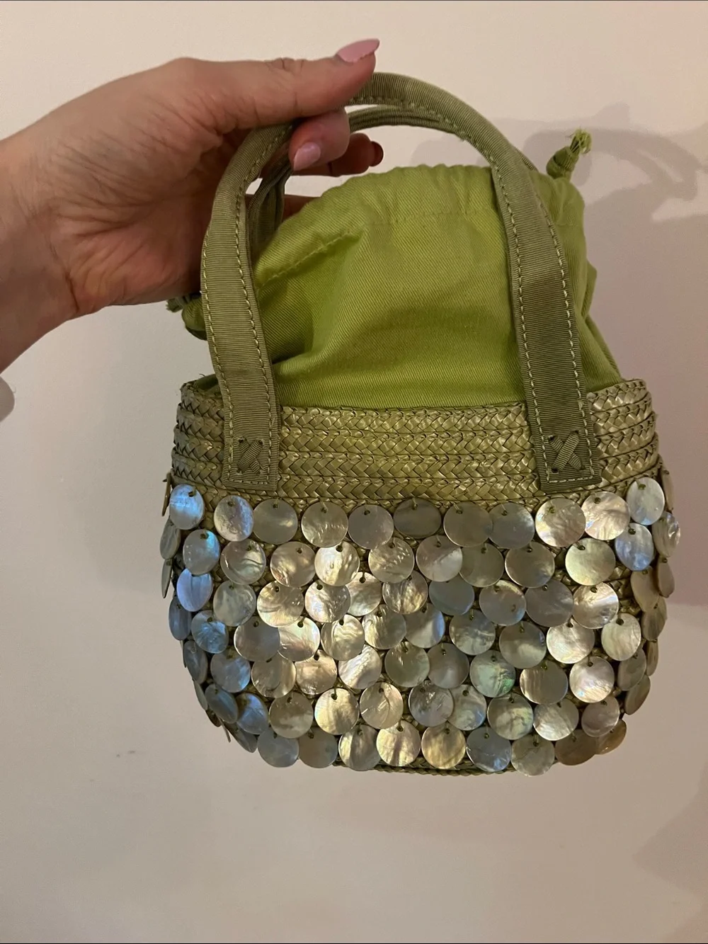 Capelli of New York Olive Green Mini Tote with Iridescent Shell Discs - Picture 4 of 4